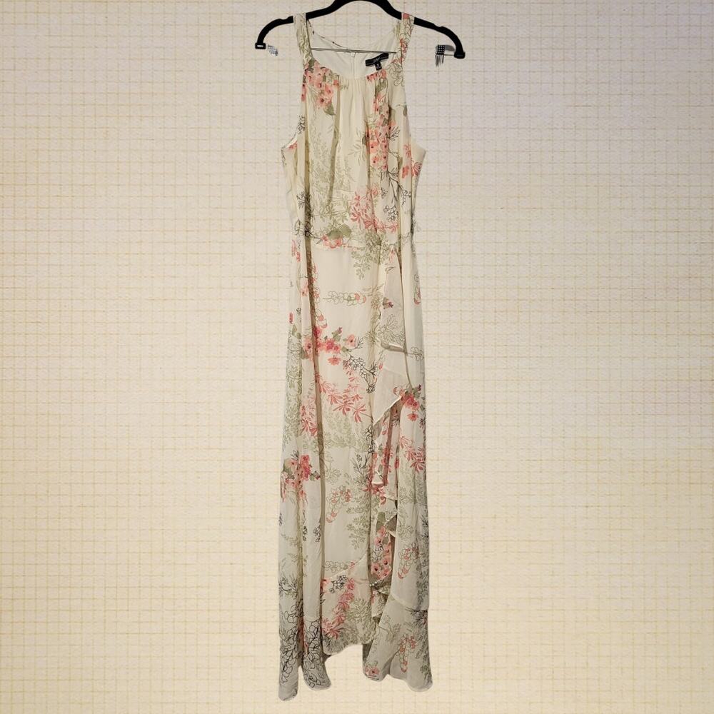 Spring Floral Chiffon Maxi Dress R and K Sleeveless Ruffled Cream Size 10 59" L